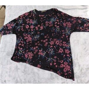 Picadilly Top Womens Large Black Multicolor Floral Stretch Asymmetric Hem Blouse